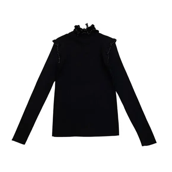 Gracia Stud Trim Ruffle Neck Black Sweater L | Y2K Glam, Beaded Holiday Knit NWT - Picture 4 of 6